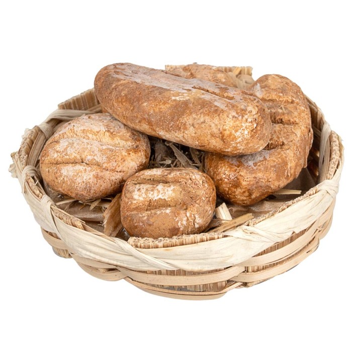 Low wicker basket with assorted miniature rolls Ø 4