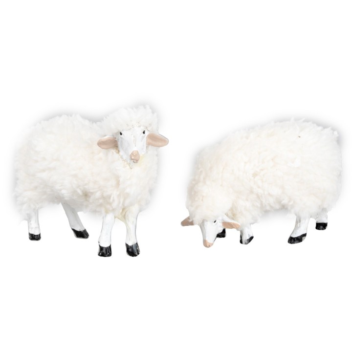 Set 2 pecore in resina con lana per statue di 15 cm