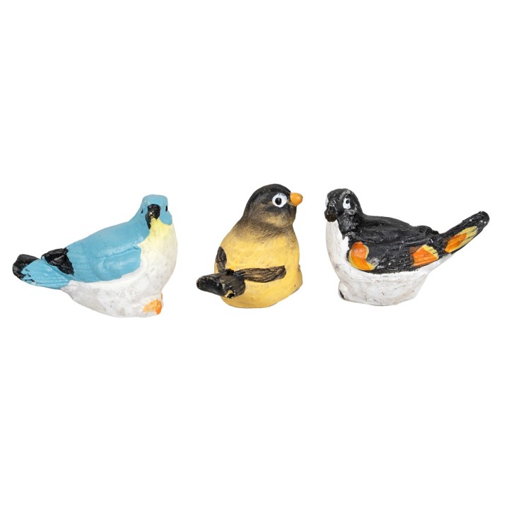 Set of three colored resin birds height 1.5 cm