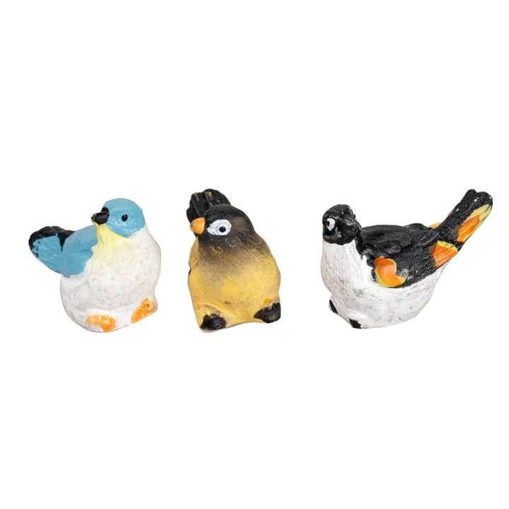 Set of three colored resin birds height 1.5 cm