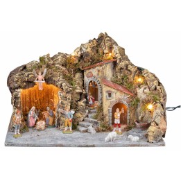 Lit nativity scene with fountain and Landi figurines 51x33x32