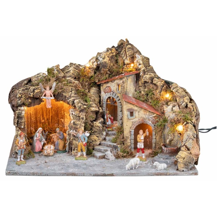 Lit nativity scene with fountain and Landi figurines 51x33x32