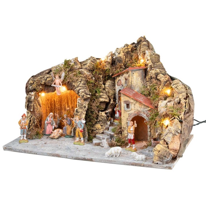 Lit nativity scene with fountain and Landi figurines 51x33x32