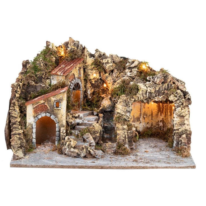 Pesebre iluminado con cueva y cascada de 51x33x32 cm h