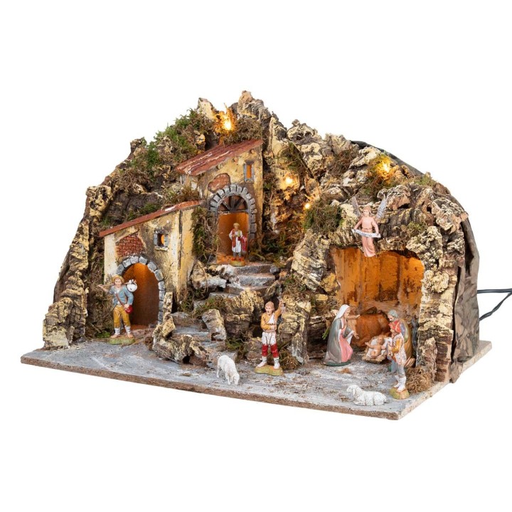 Illuminated nativity scene with waterfall and Landi figurines