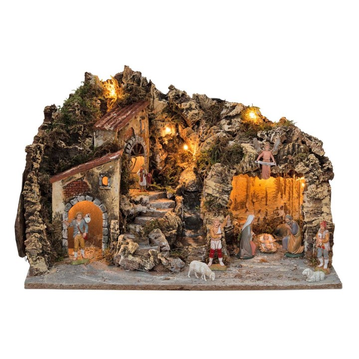 Pesebre iluminado con cascada y figuritas Landi cm 51x33x32 h