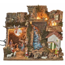 Pesebre iluminado con cascada y estatuas Landi cm 45x30x37 h