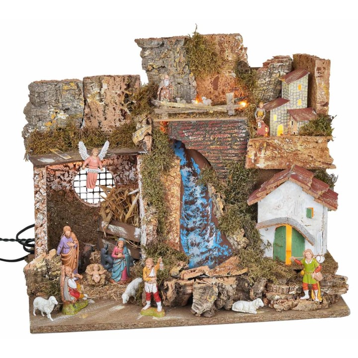 Pesebre iluminado con cascada y estatuas Landi cm 45x30x37 h