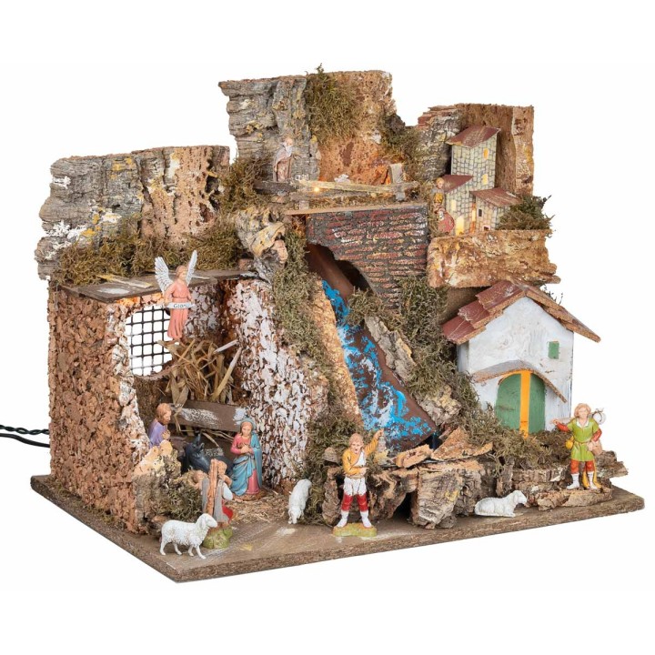 Pesebre iluminado con cascada y estatuas Landi cm 45x30x37 h