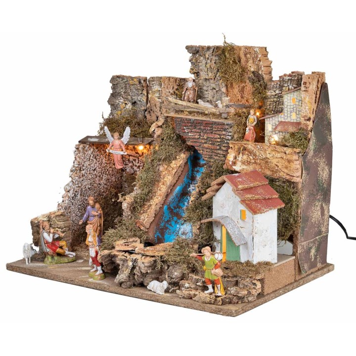 Pesebre iluminado con cascada y estatuas Landi cm 45x30x37 h