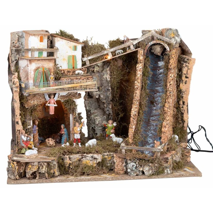 Pesebre iluminado con cascada empinada y estatuas Landi cm