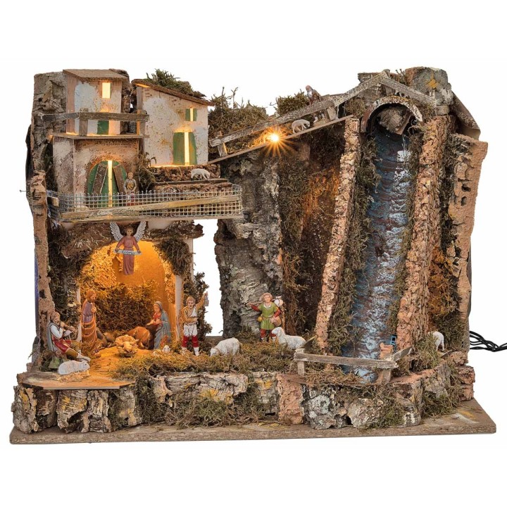 Presepe illuminato con cascata ripida e statue Landi cm