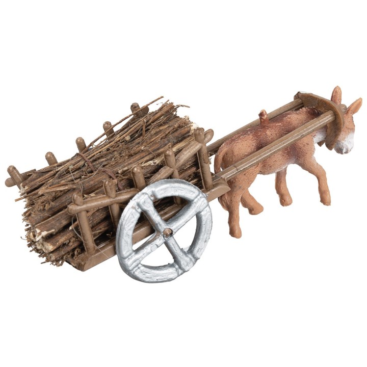 Carreta con burro cargado de leña cm 3x4,5x3,5 h
