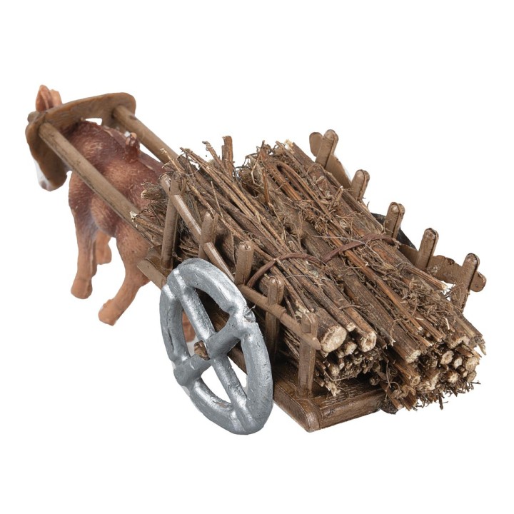 Carretto con asino carico di legna cm 3x4,5x3,5 h
