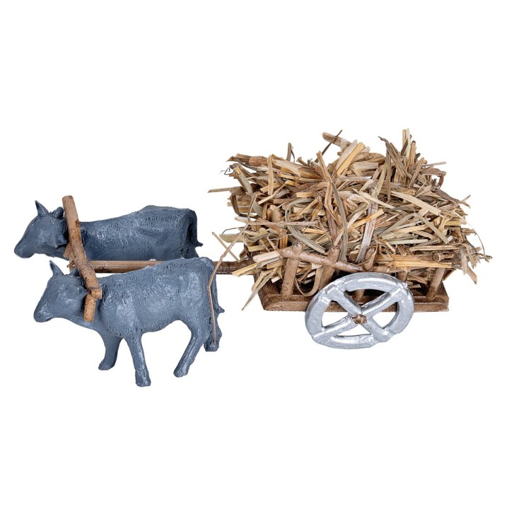 Carretto con buoi carico di paglia cm 3x4,7x4 h