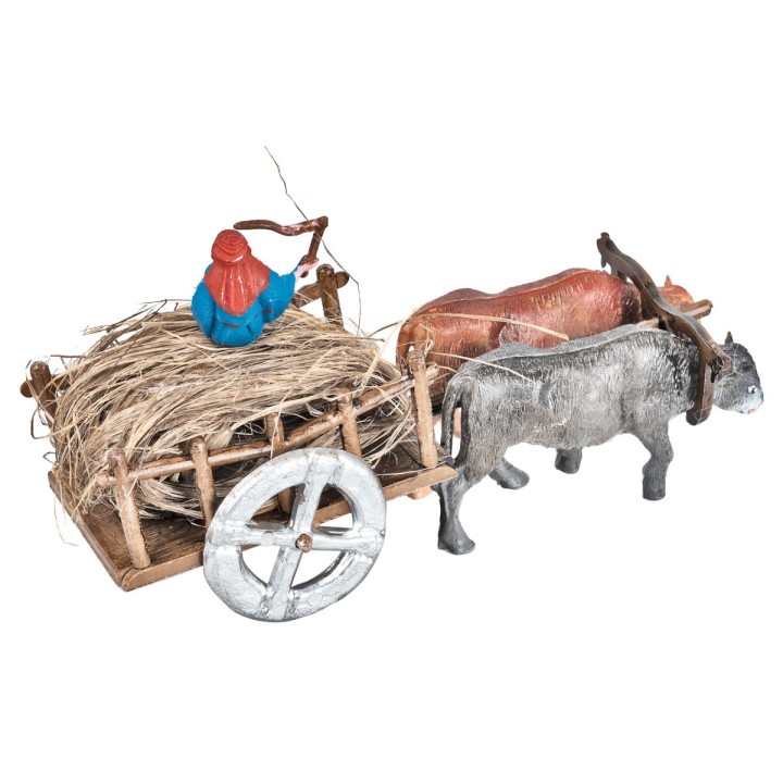 Cart with oxen and farmer with straw 4.7x6.7x4.5 h