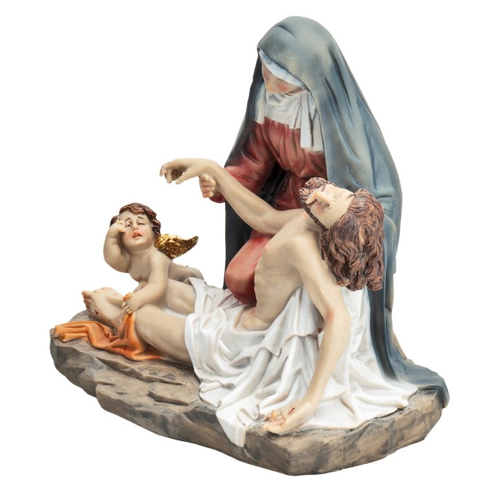 Piedad con María, Jesús y angelito serie 19 cm en resina