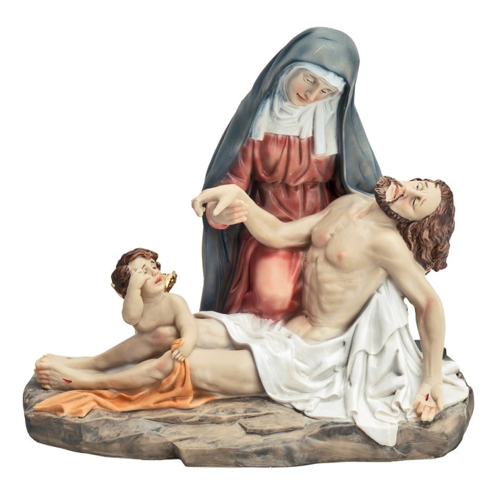 Piedad con María, Jesús y angelito serie 19 cm en resina