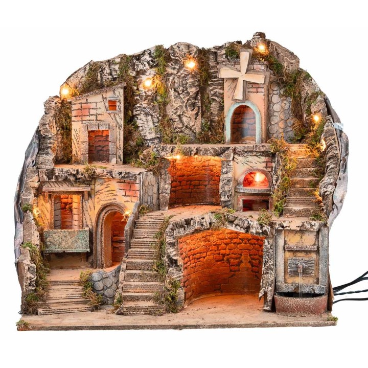 Presepe illuminato con fontana, fuoco e mulino a vento cm