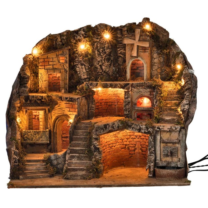 Presepe illuminato con fontana, fuoco e mulino a vento cm