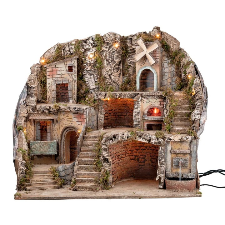 Presepe illuminato con fontana, fuoco e mulino a vento cm