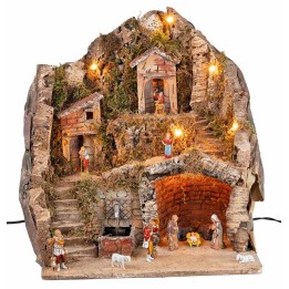 Pesebre completo de estatuas Landi, luces y fuente de 40x30x40
