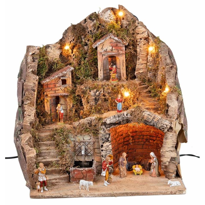 Complete nativity scene with Landi statues, lights, and