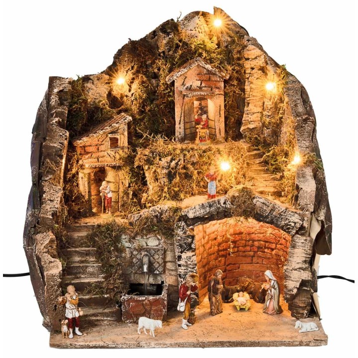 Pesebre completo de estatuas Landi, luces y fuente de 40x30x40