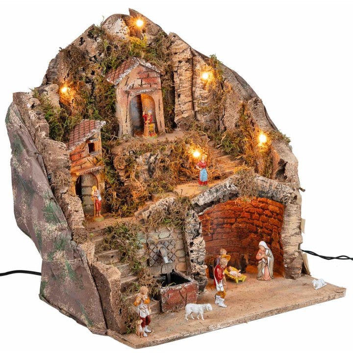 Complete nativity scene with Landi statues, lights, and