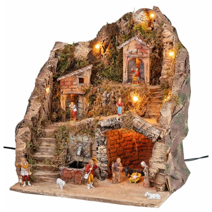 Pesebre completo de estatuas Landi, luces y fuente de 40x30x40