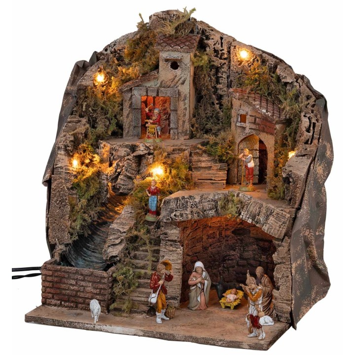 Nativity scene with Landi statues, lights and waterfall cm