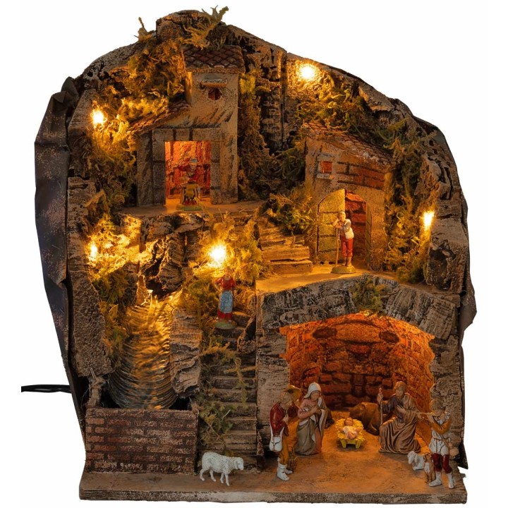 Nativity scene with Landi statues, lights and waterfall cm