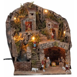 Pesebre con estatuas Landi, luces y cascada cm 33x27x40 h