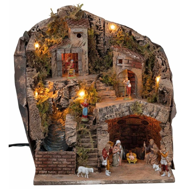Nativity scene with Landi statues, lights and waterfall cm