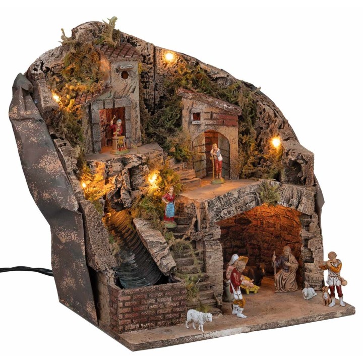 Nativity scene with Landi statues, lights and waterfall cm