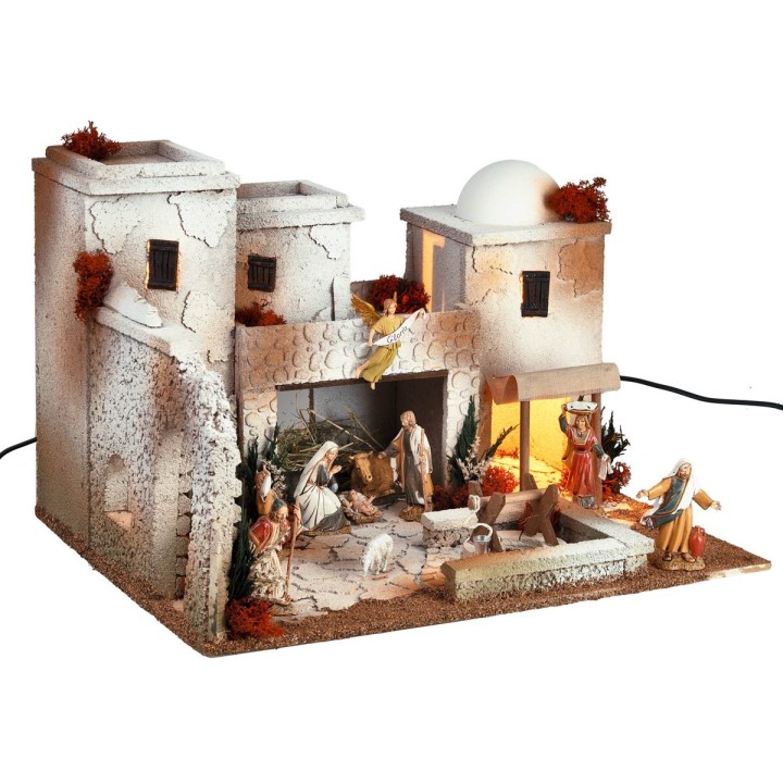 Illuminated Arab nativity scene with Landi statues cm 50x40x33 h