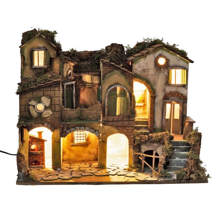 Pesebre napolitano estilo 700 iluminado con fuego cm 63x40x50 h