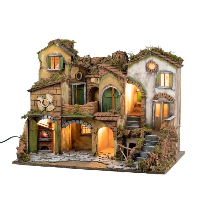 Pesebre napolitano estilo 700 iluminado con fuego cm 63x40x50 h
