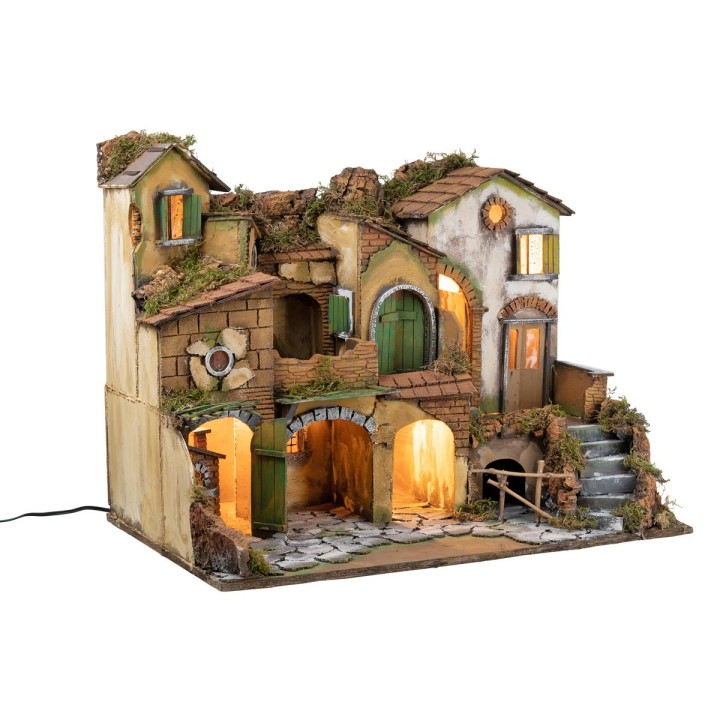 Presepe napoletano stile 700 illuminato con fuoco cm 63x40x50 h