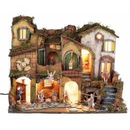 Pesebre napolitano estilo 700 con estatuas Landi, luces y fuego