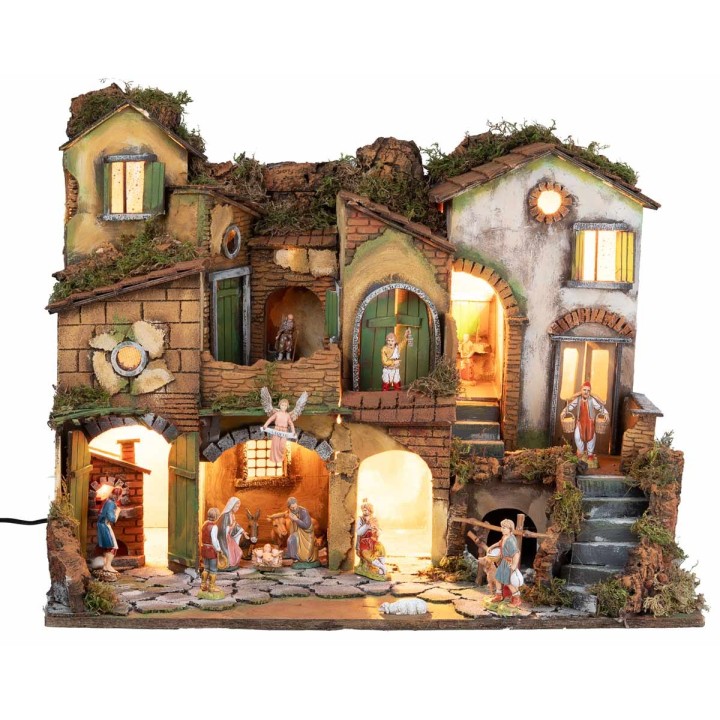 Pesebre napolitano estilo 700 con estatuas Landi, luces y fuego