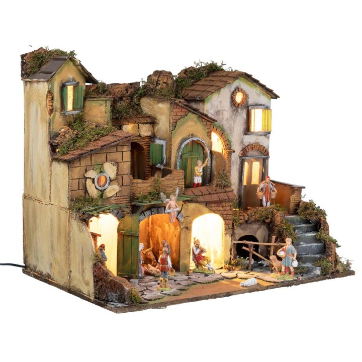 Pesebre napolitano estilo 700 con estatuas Landi, luces y fuego