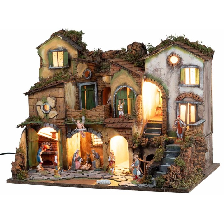 Presepe napoletano stile 700 con statue Landi, luci e fuoco cm
