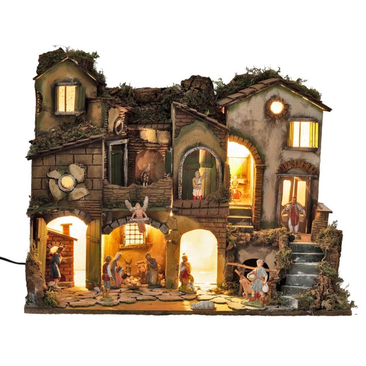 Pesebre napolitano estilo 700 con estatuas Landi, luces y fuego