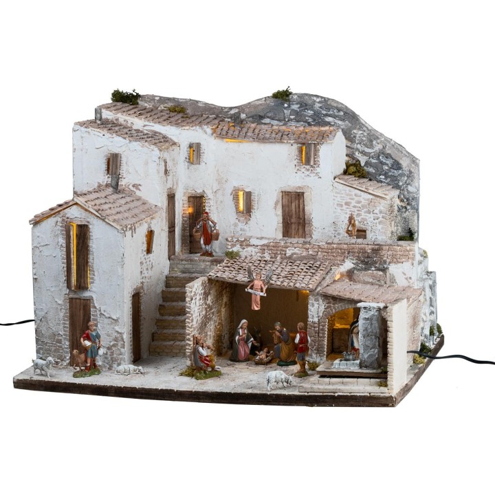 Nativity scene with Landi statues, lights, and working fountain