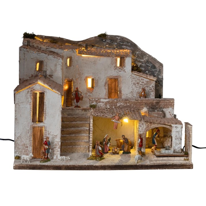 Pesebre con estatuas Landi, luces y fuente en funcionamiento cm