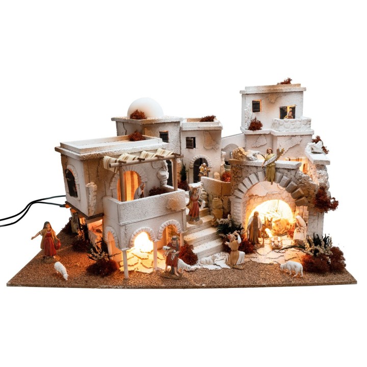 Pesebre árabe con luces, fuego y fuente de 70x50x40 cm h