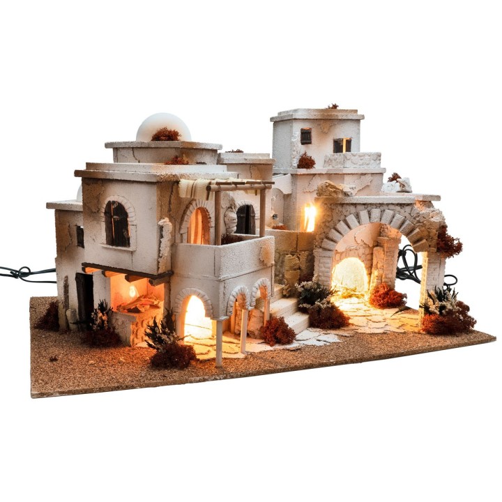 Pesebre árabe con luces, fuego y fuente de 70x50x40 cm h