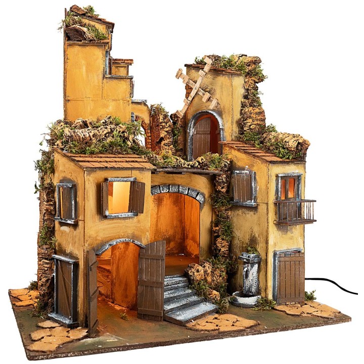 Presepe napoletano stile 700 illuminato con mulino a vento cm