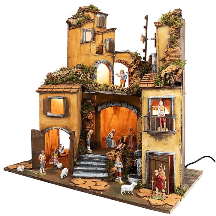 Presepe napoletano stile 700 con statue Landi, luci e mulino a